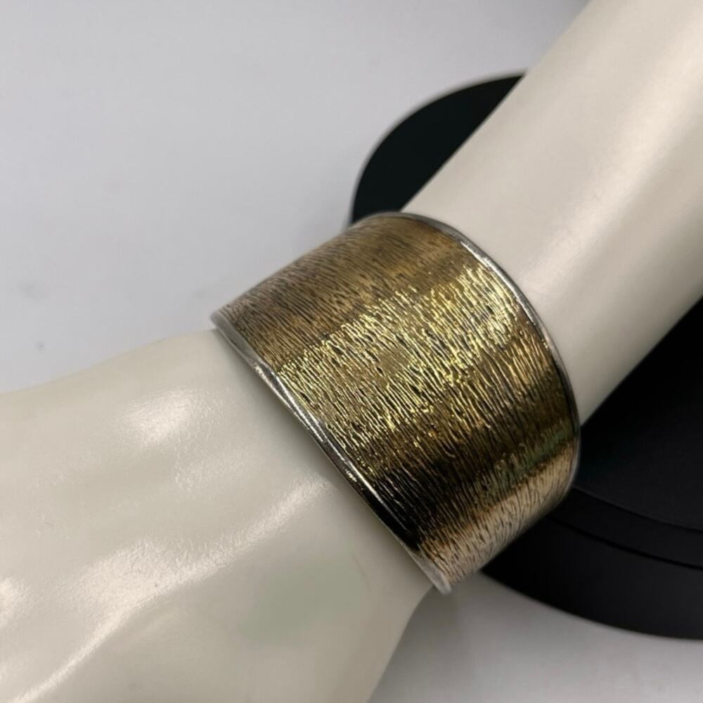 Designer Signed Two Tone Sterling Silver 925 Textured‎ Wide Cuff Bracelet
